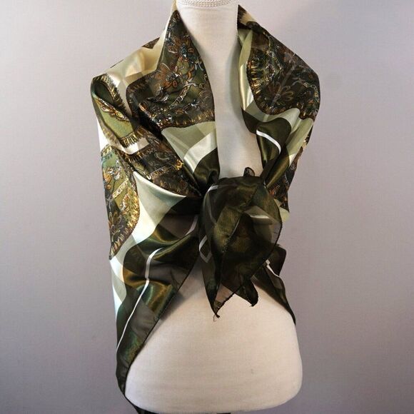 Fashion BanDo Womens Scarf Geometric Floral 40 x 40 Square Green Brown - Picture 2 of 11